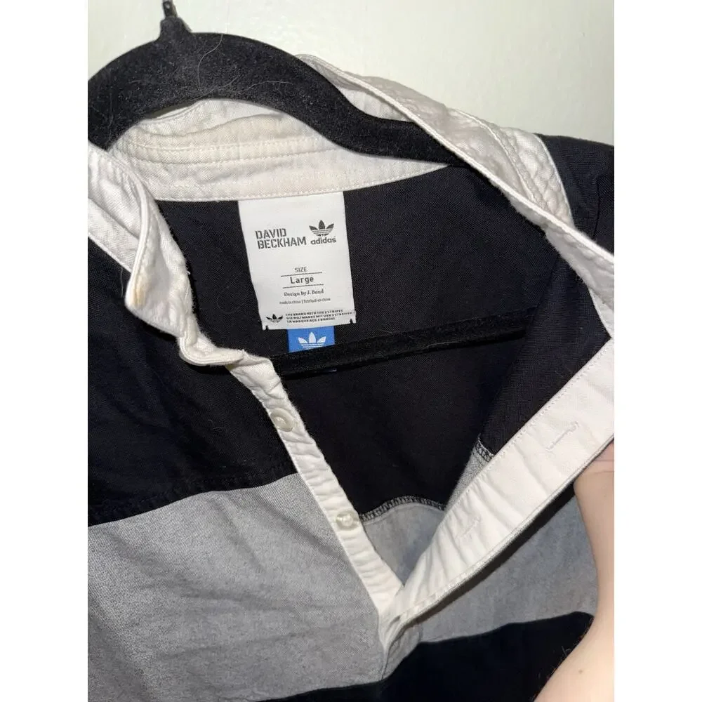 Adidas Shirt Mens L Striped Cotton Long Sleeve David Beckham Rugby Polo